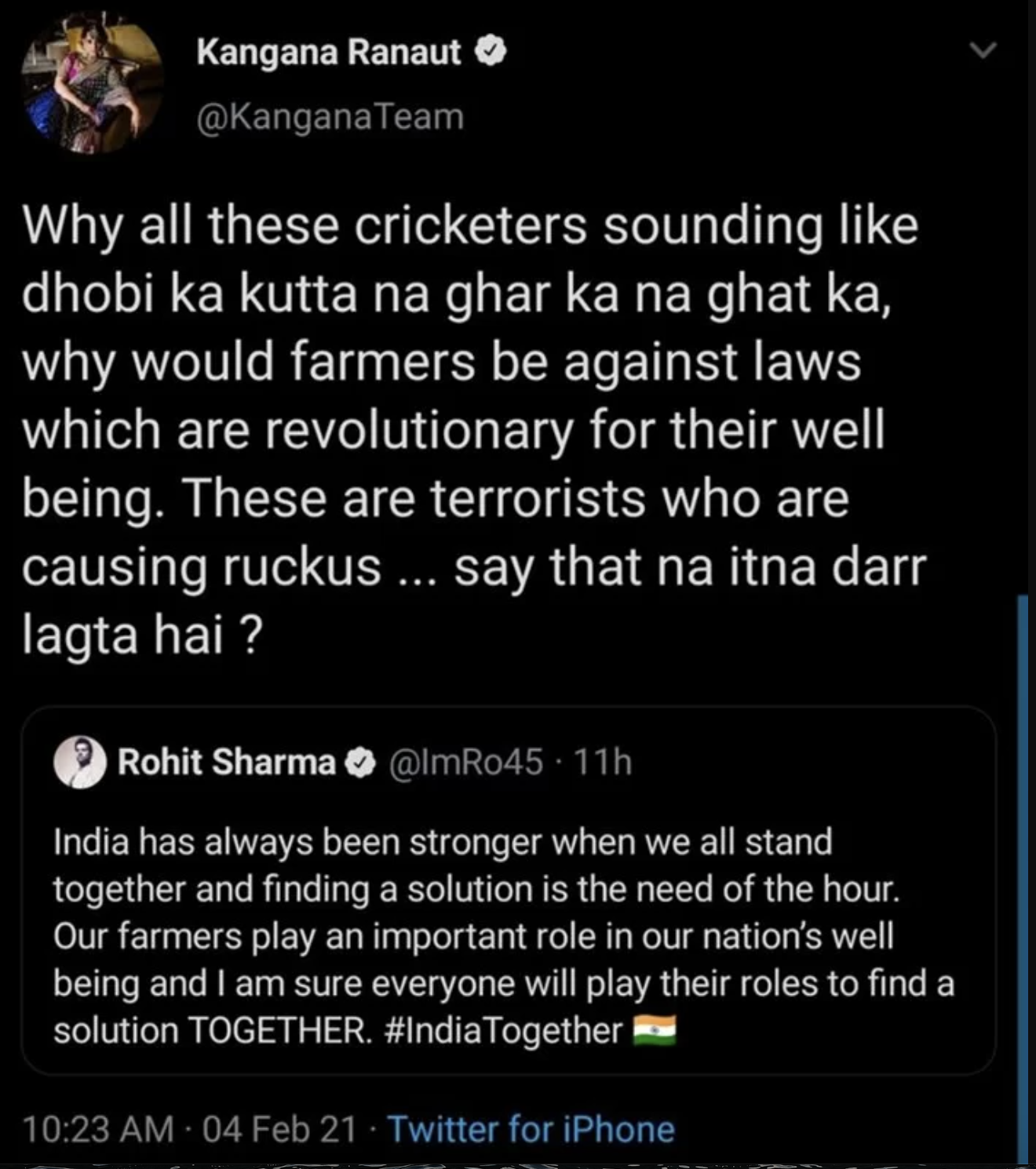 Bollywood actress Kangana Ranaut slams Indian Cricketers on twitter